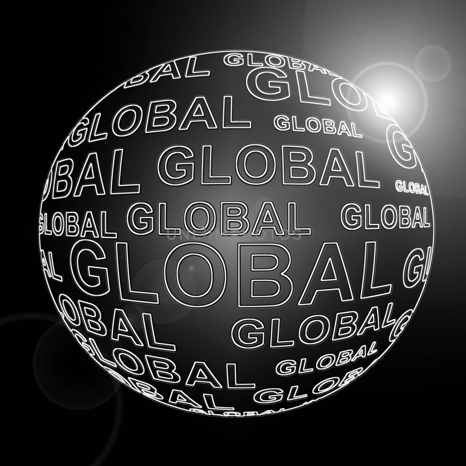 Illustration depicting a black sphere with the words 'global' arranged over the entire shape. Black background.