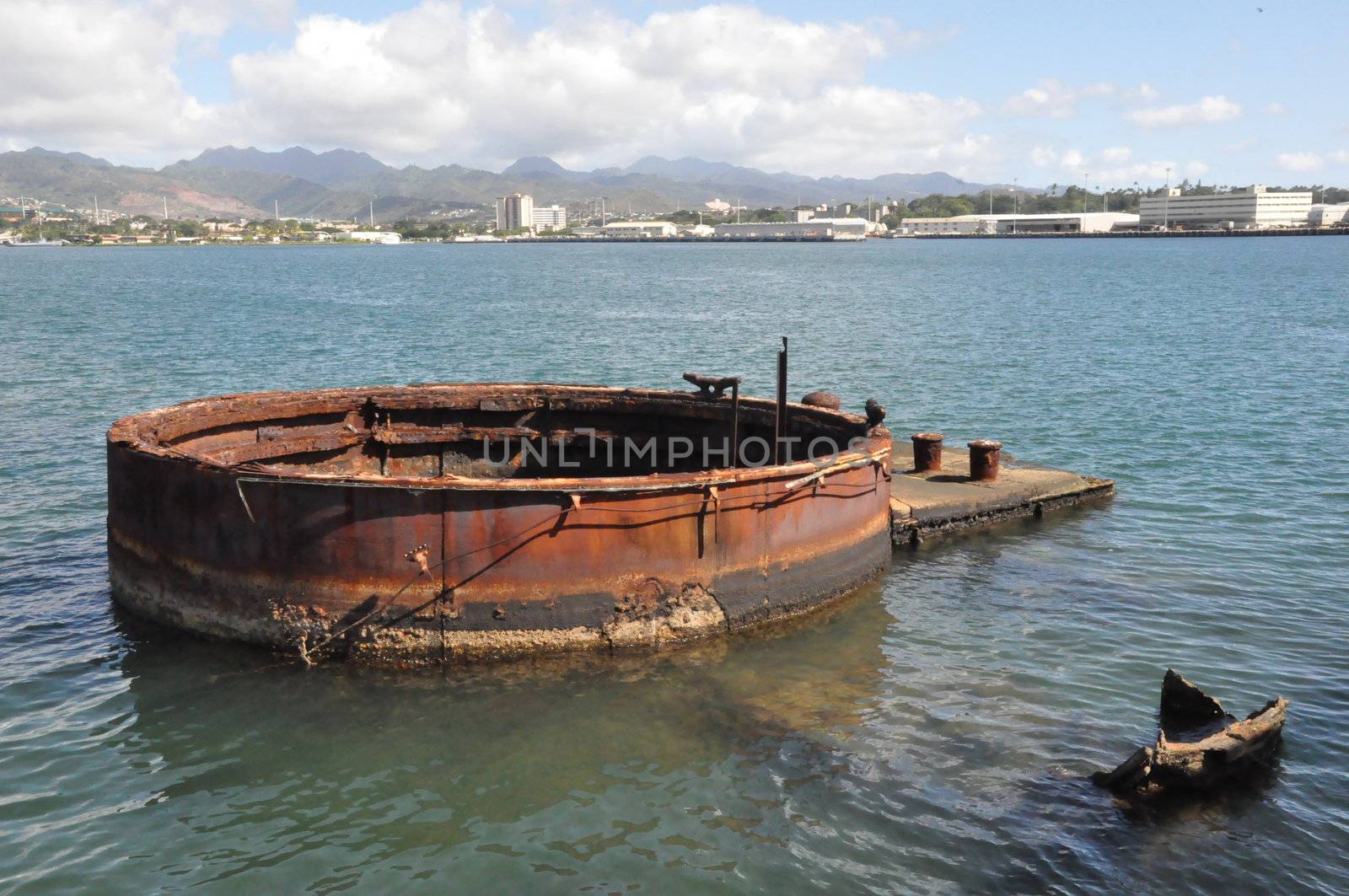 Gun turret at the USS Arizona Memorial at Pearl Harbor, Hawaii