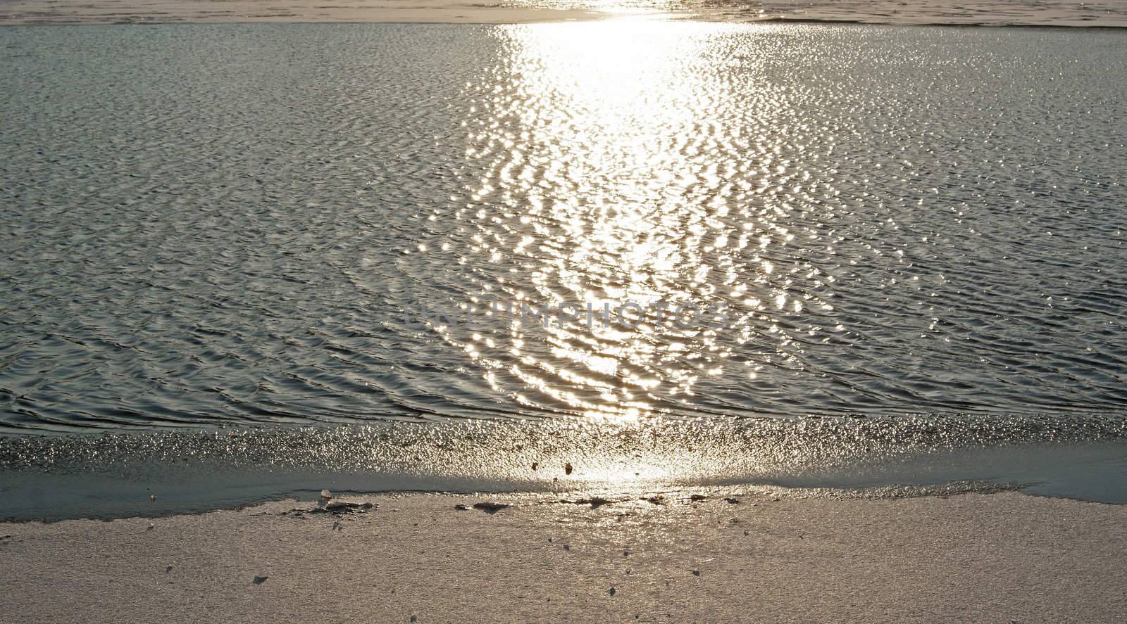 Close-up of a river with ice thawing under spring sun