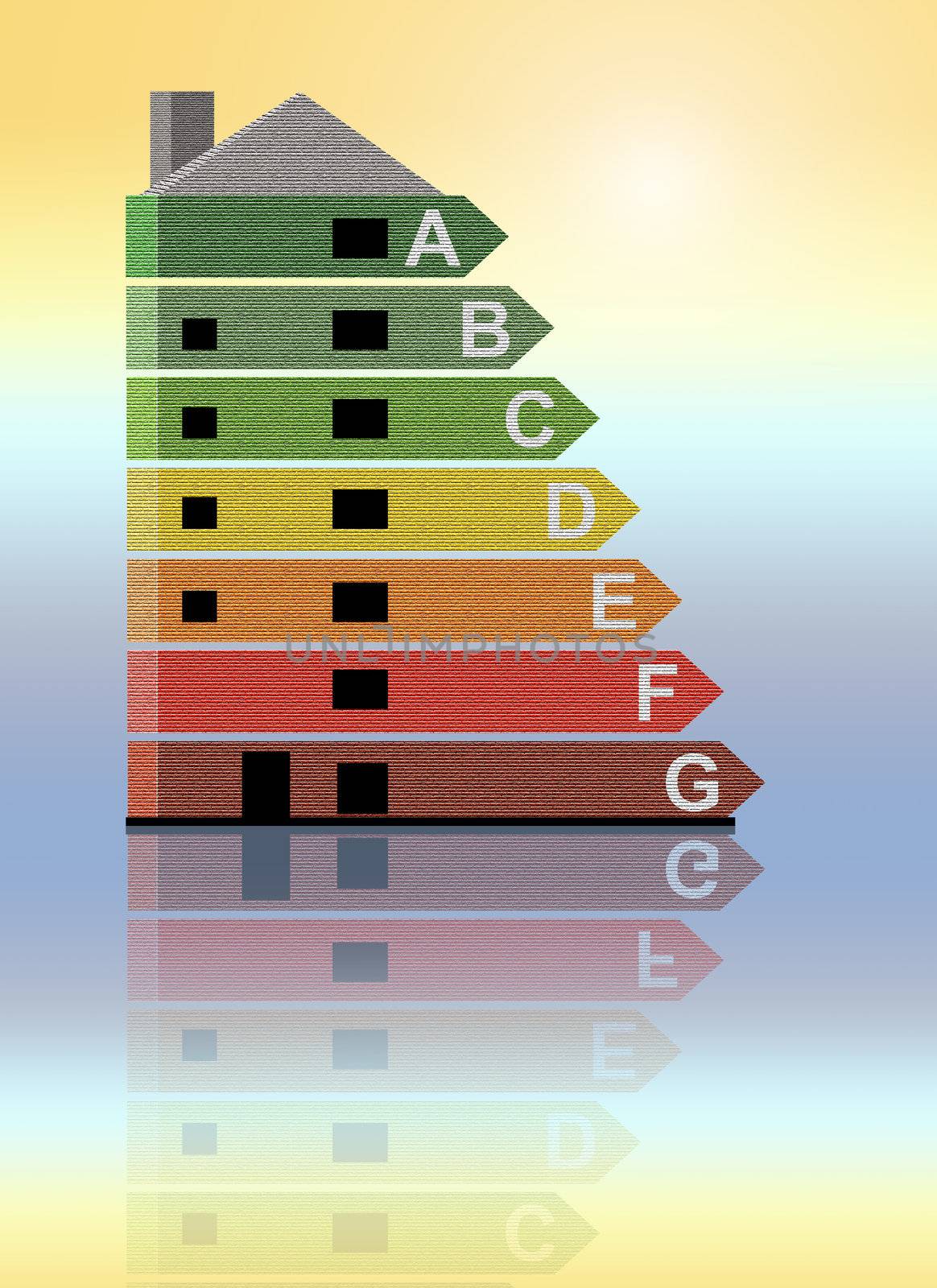Illustrated energy efficiency chart giving the appearance of being incorporated into a building with warm to cold background tones.