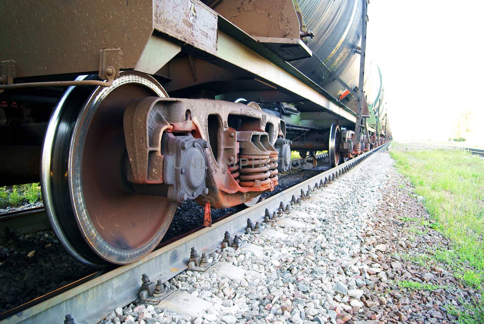 Closeup of the wheels of a railroad carriage