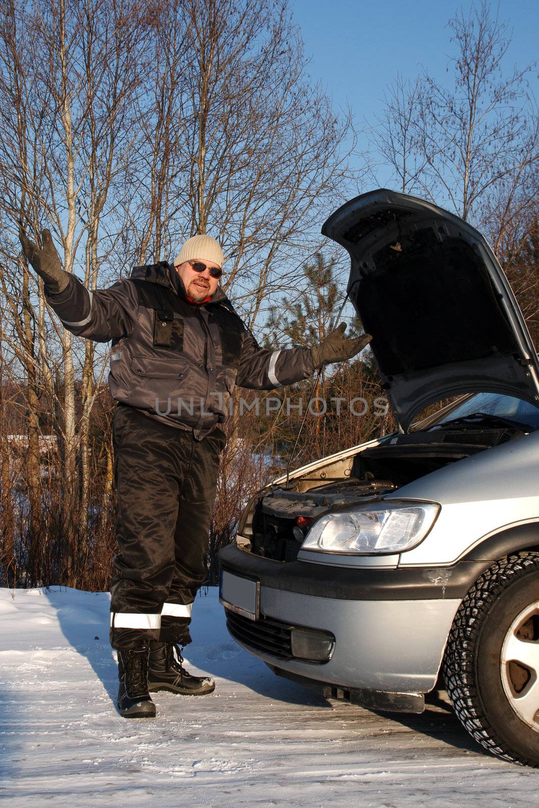 Broken car. In cold winter day deisel don't work.
