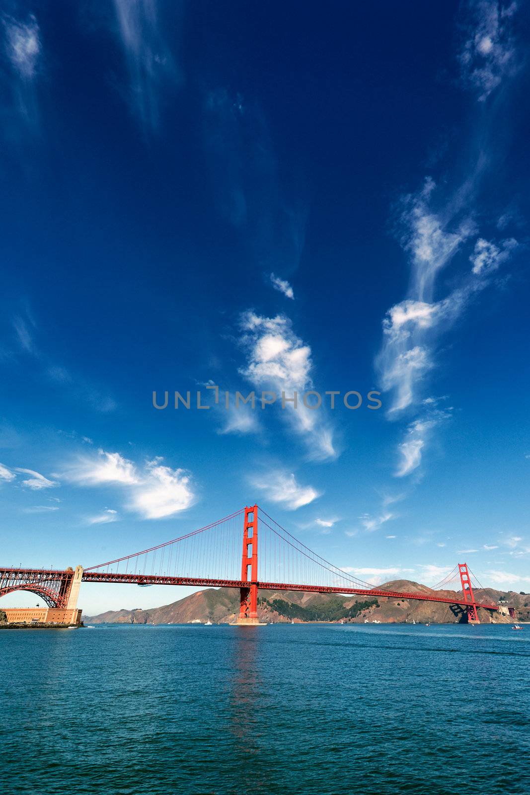 vertical view of Golden Gate Bridge in San Francisco, California, USA 