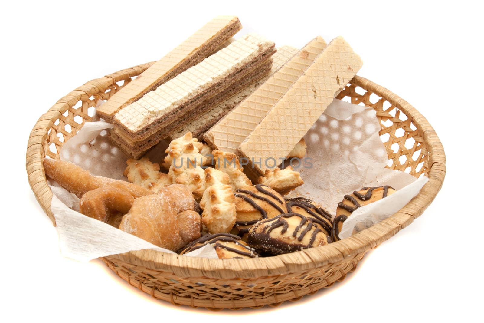 Wicker tray with biscuits and wafers