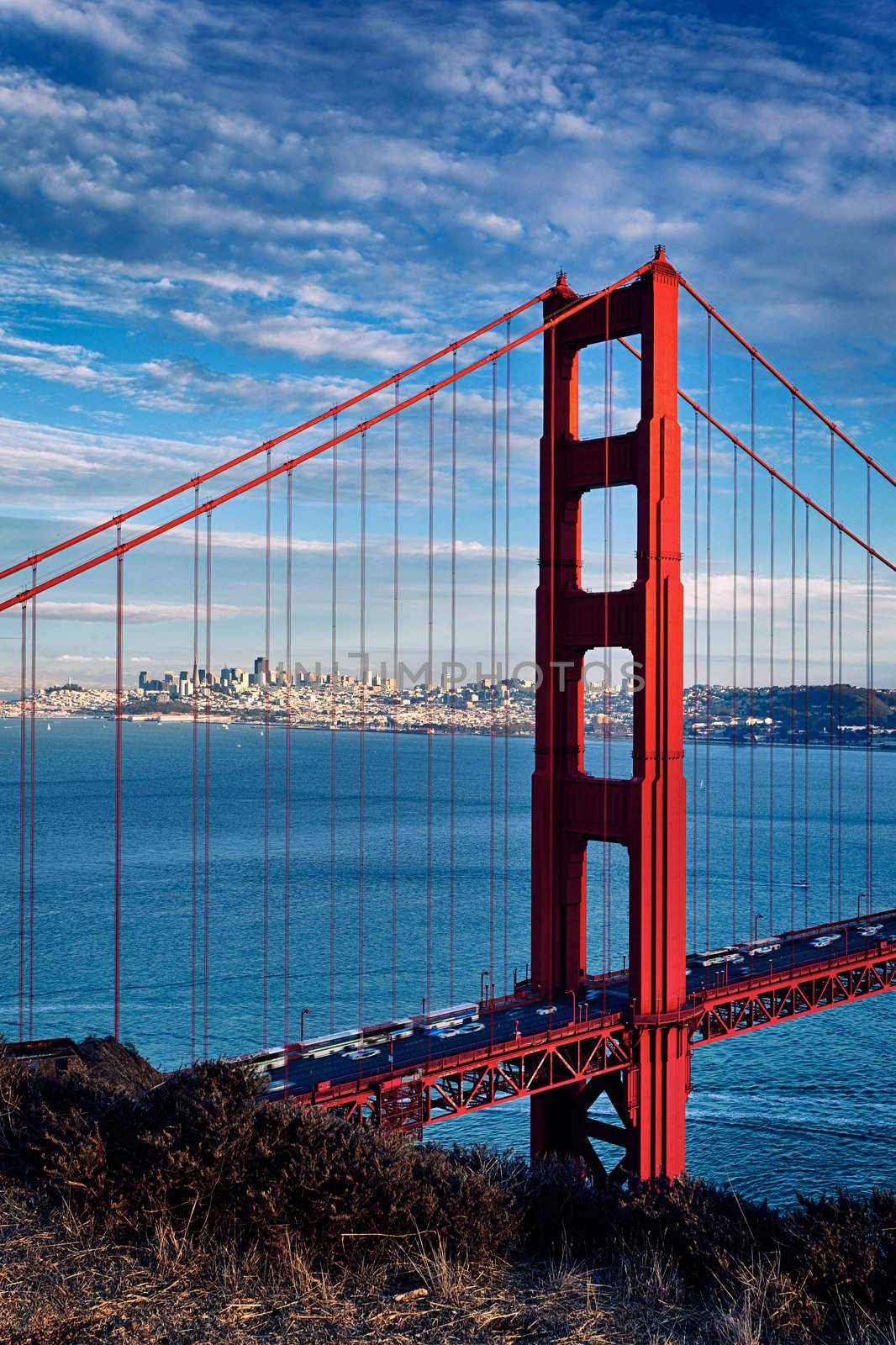 vertical view of Golden Gate Bridge in San Francisco, California, USA 