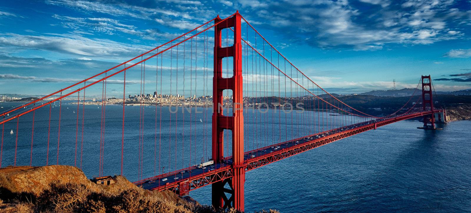 panoramic view of famous Golden Gate Bridge in San Francisco, California, USA 