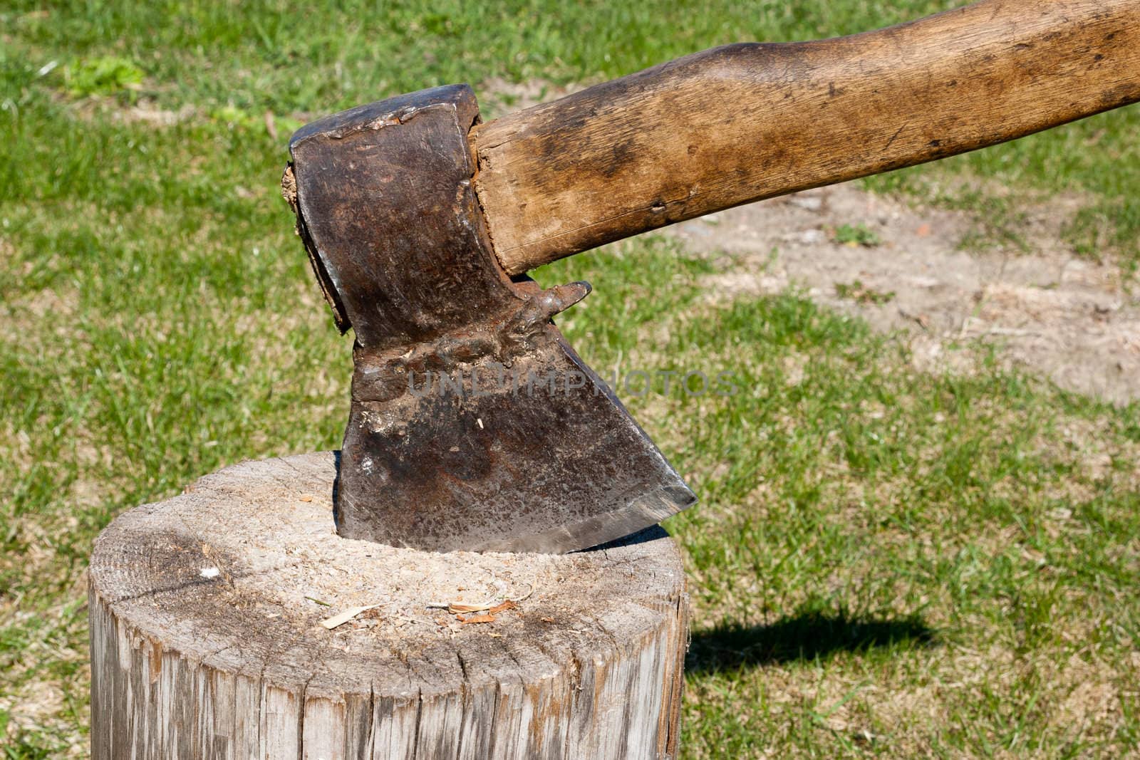 An axe in a wood trunk 
