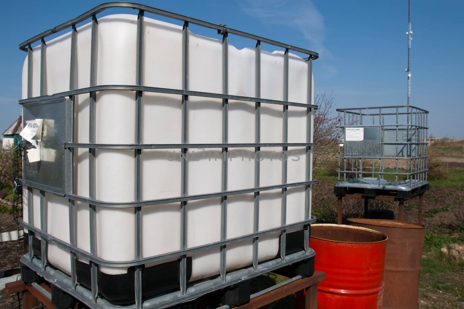 water tank and butts  in the garden