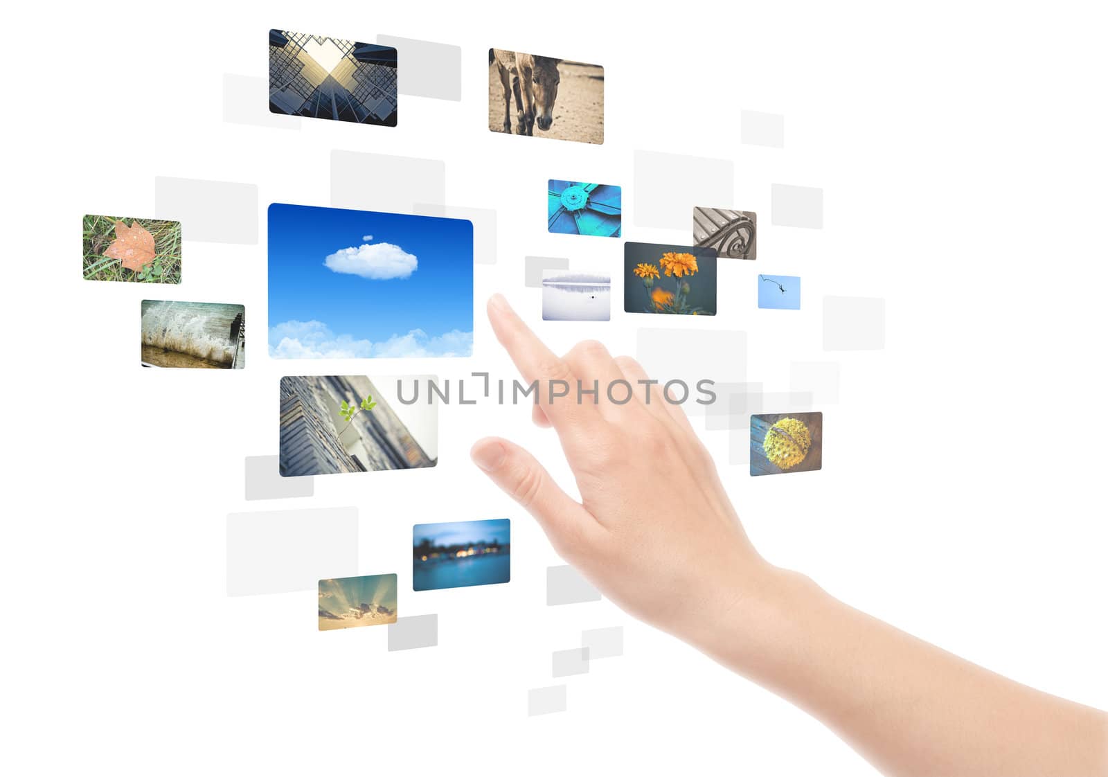 Woman hand using touch screen interface with pictures in frames. Isolated on white.