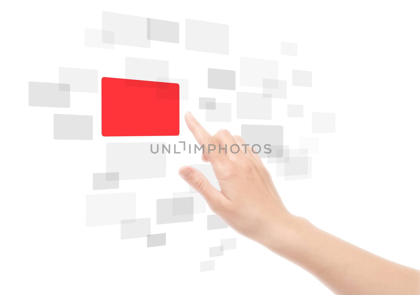 Woman hand using touch screen interface. Isolated on white.