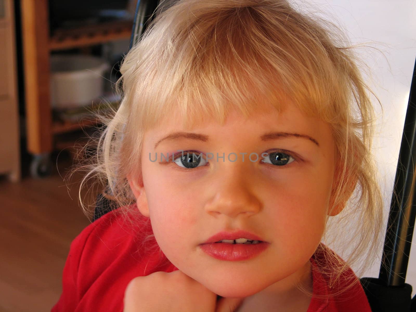 Closeup portrait of a blond cute child girl looking at the camera