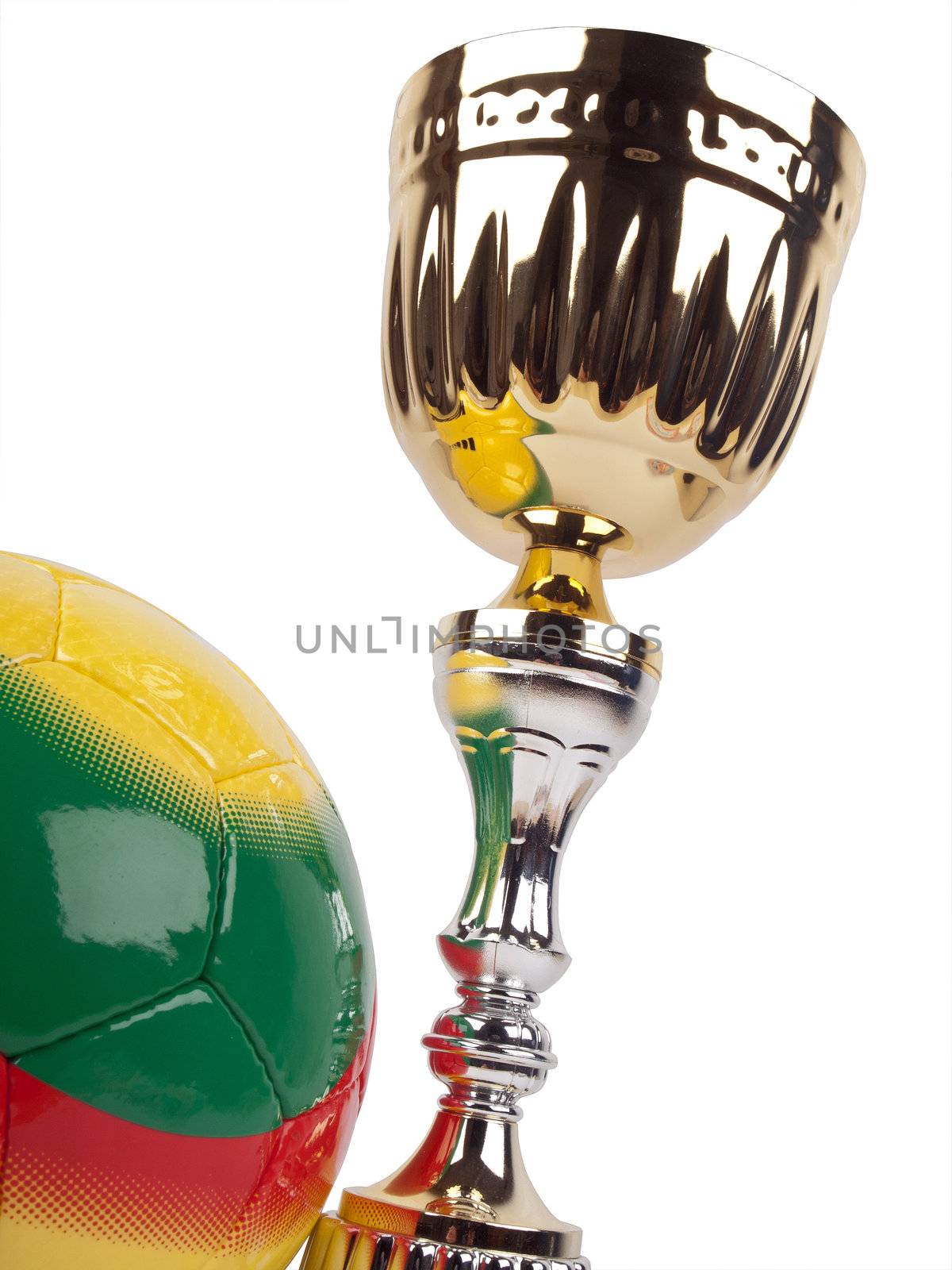 golden cup and soccer ball isolated on white background