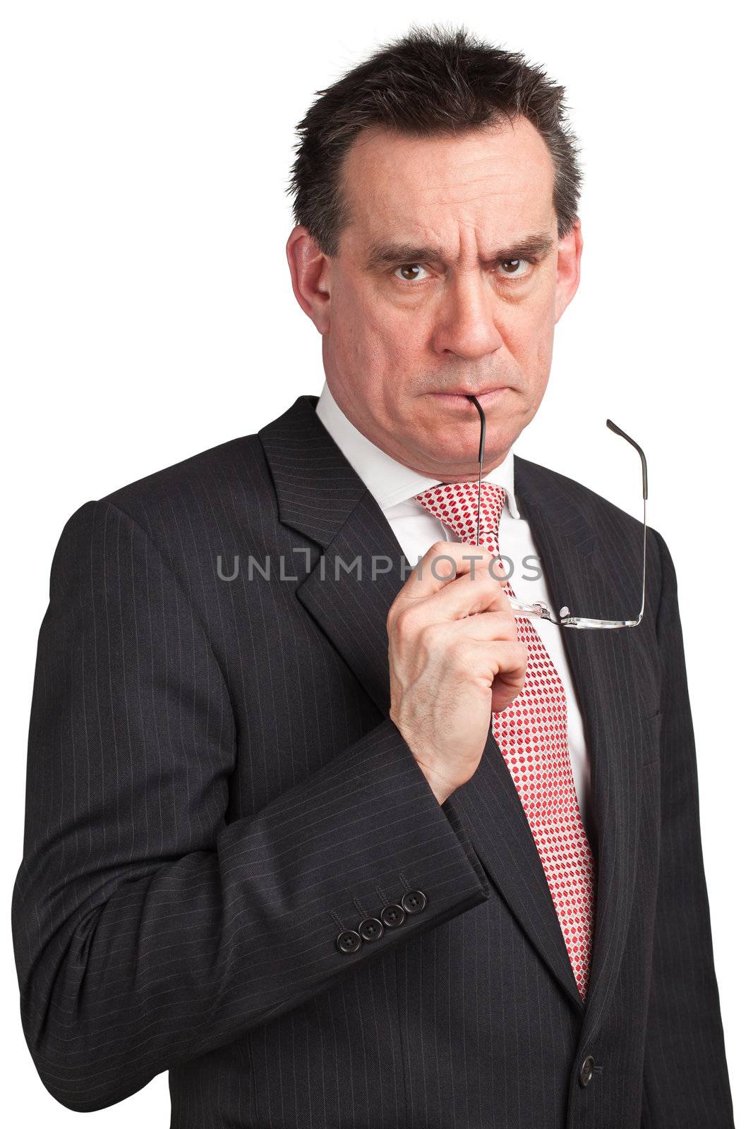 Frowning Angry Middle Age Business Man Holding Glasses Isolated