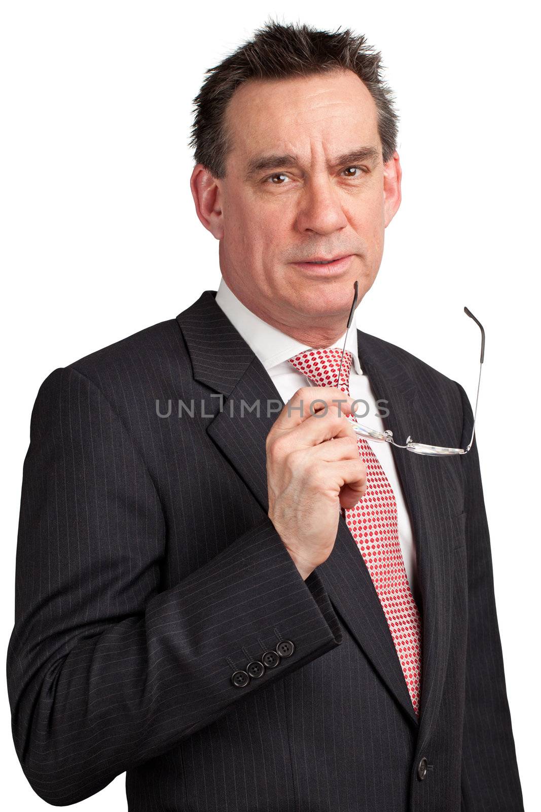 Smiling Middle Age Business Man in Suit holding glasses near face Isolated