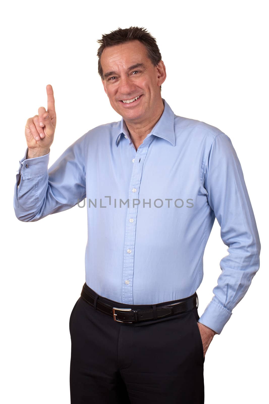 Attractive Smiling Middle Age Man Pointing Up or Counting One Isolated