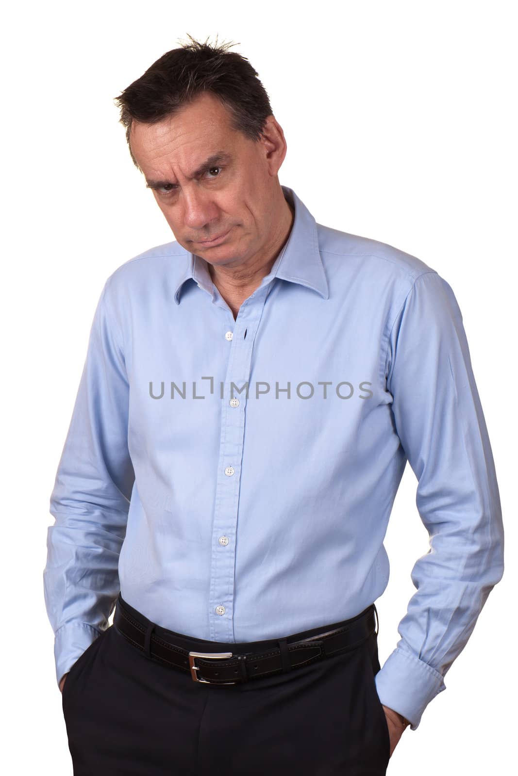 Angry Frowning Grump Man with Hands in Pockets by scheriton