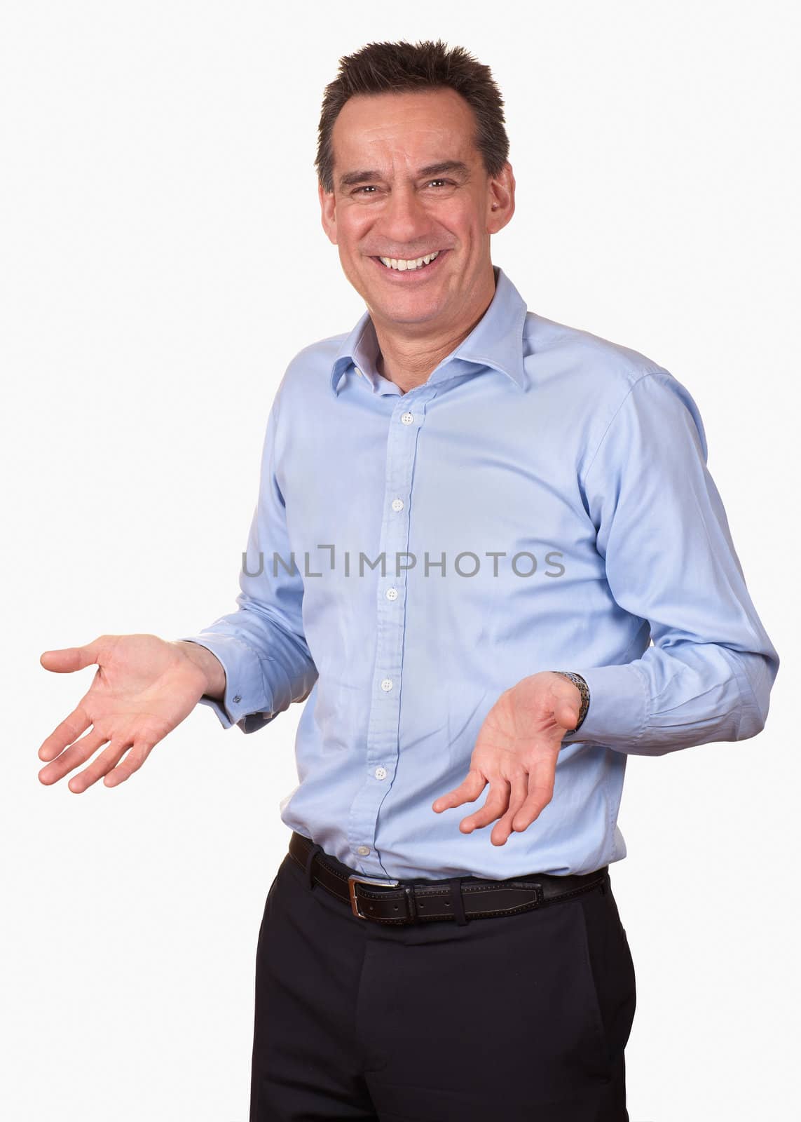 Smiling Man in Blue Shirt with Open Hands by scheriton