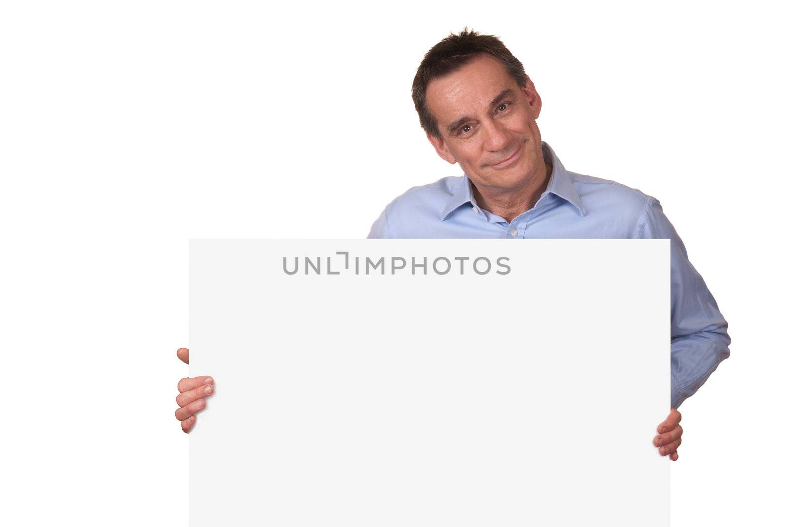 Attractive Middle Age Man Holding Blank White Sign with Copy Space Isolated