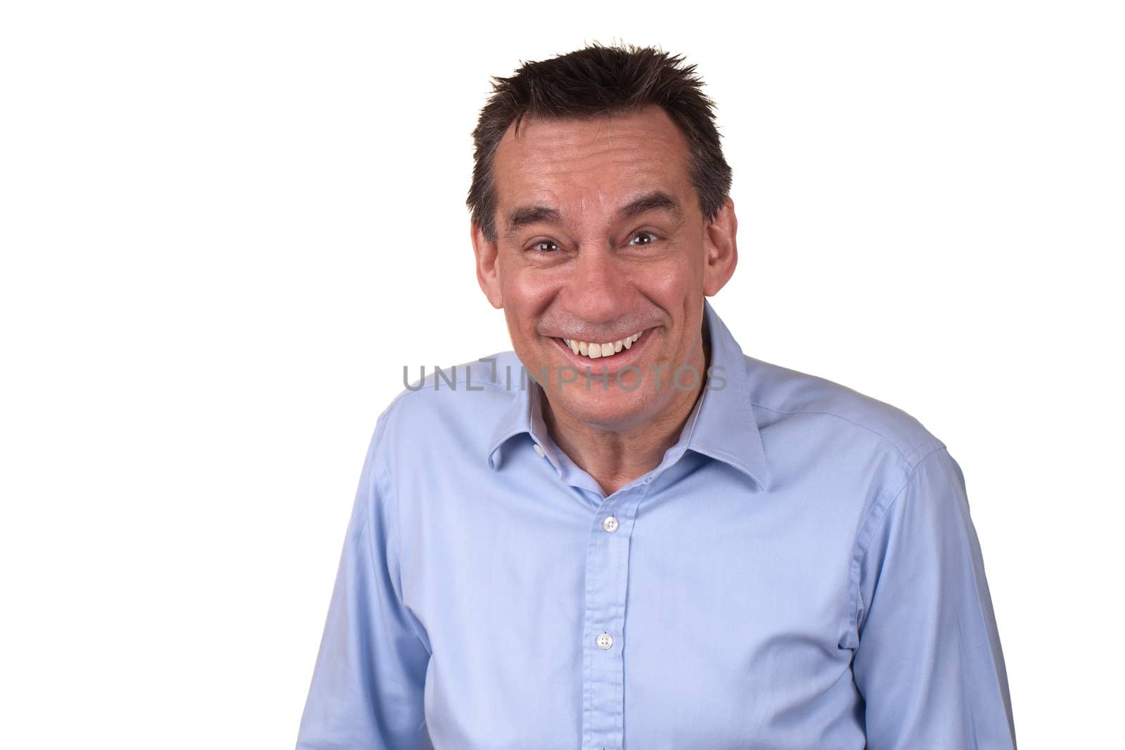 Attractive Middle Age Man in Blue Shirt Laughing with Silly Smile Isolated