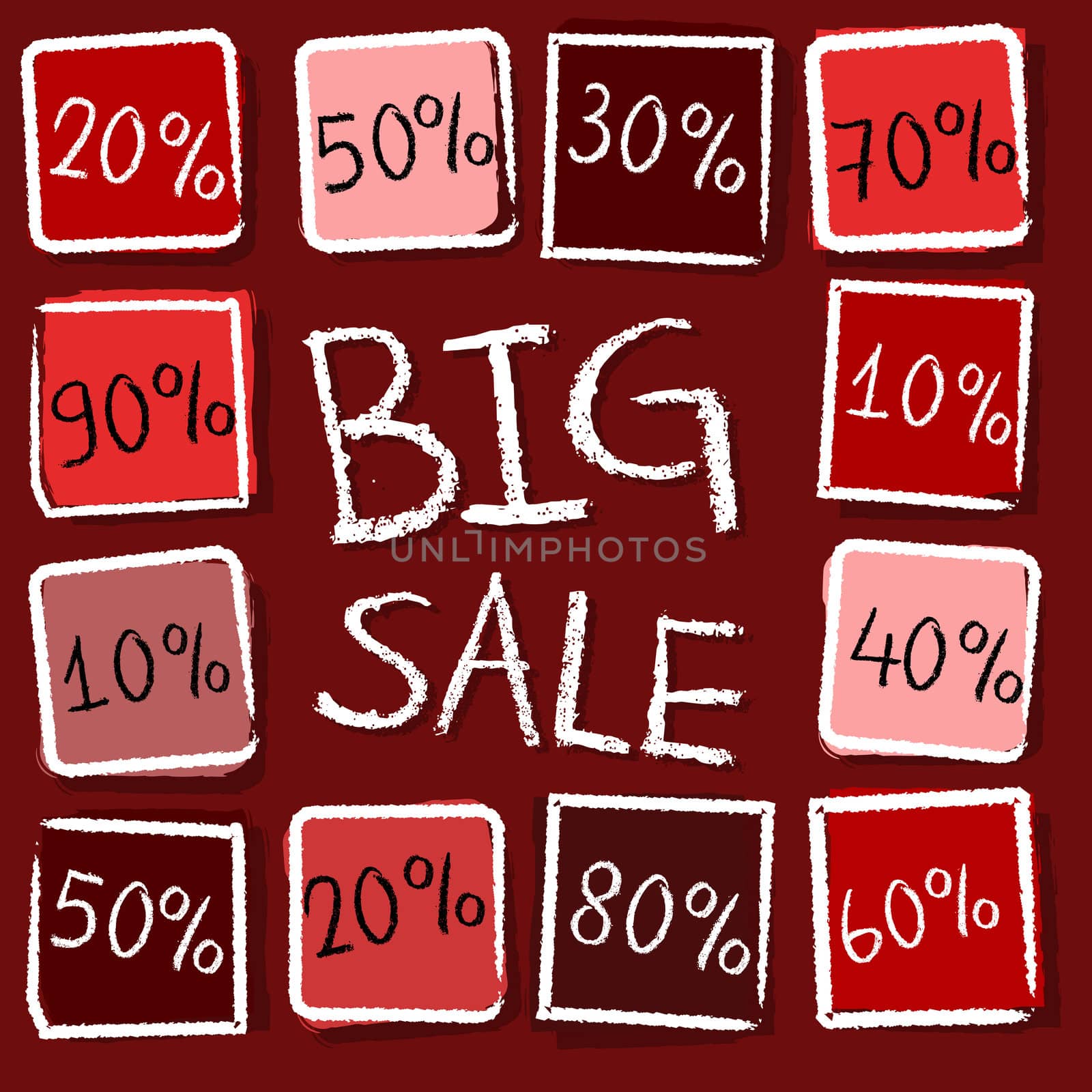 big sale and different percentages - retro style red label with text and squares, business concept