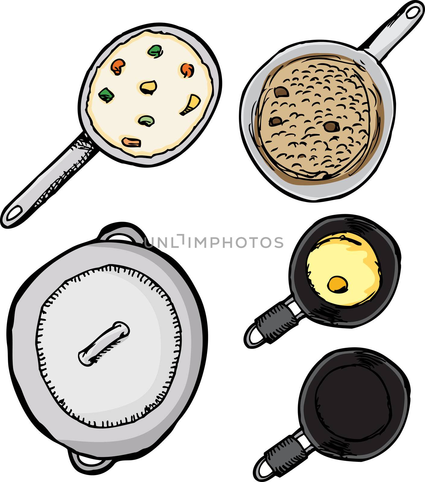 Top-view of pots and pans with food isolated over white