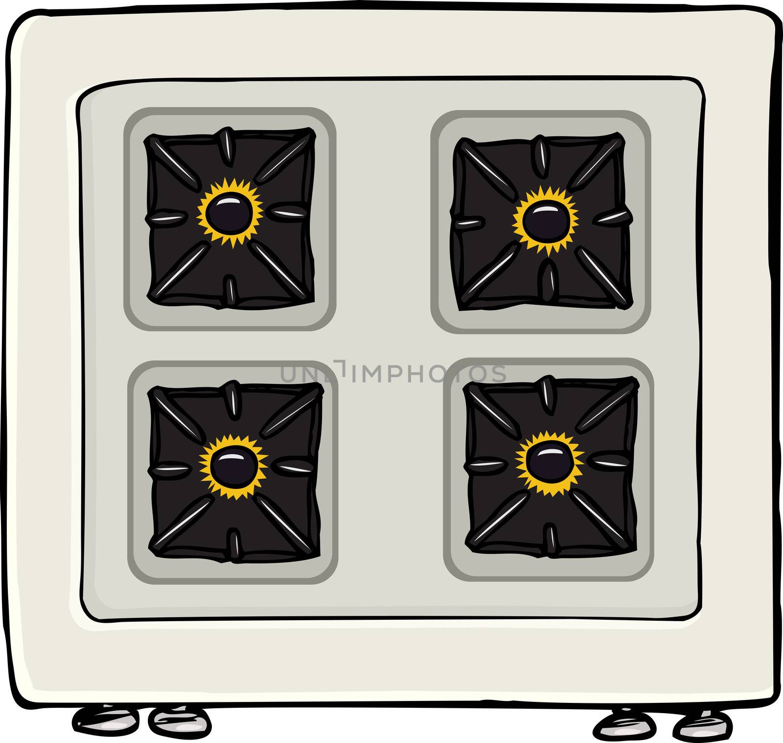 Top-view of stovetop with lit burners isolated over white