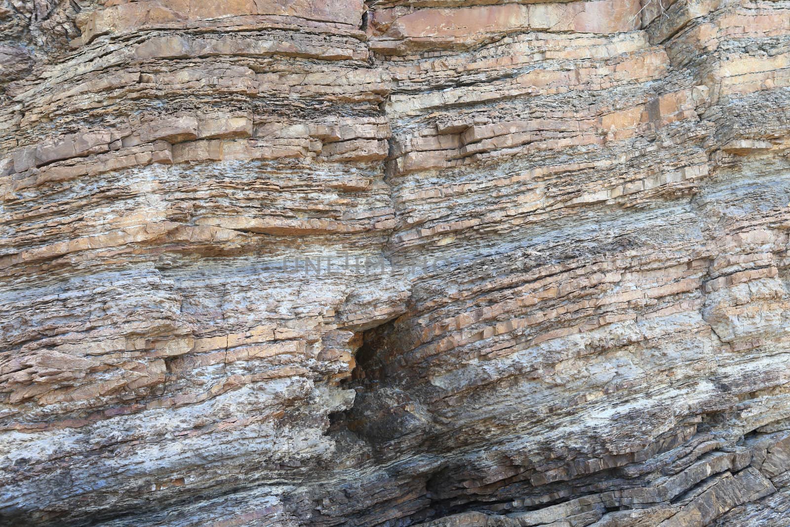 Layered rock on high steep sea bank