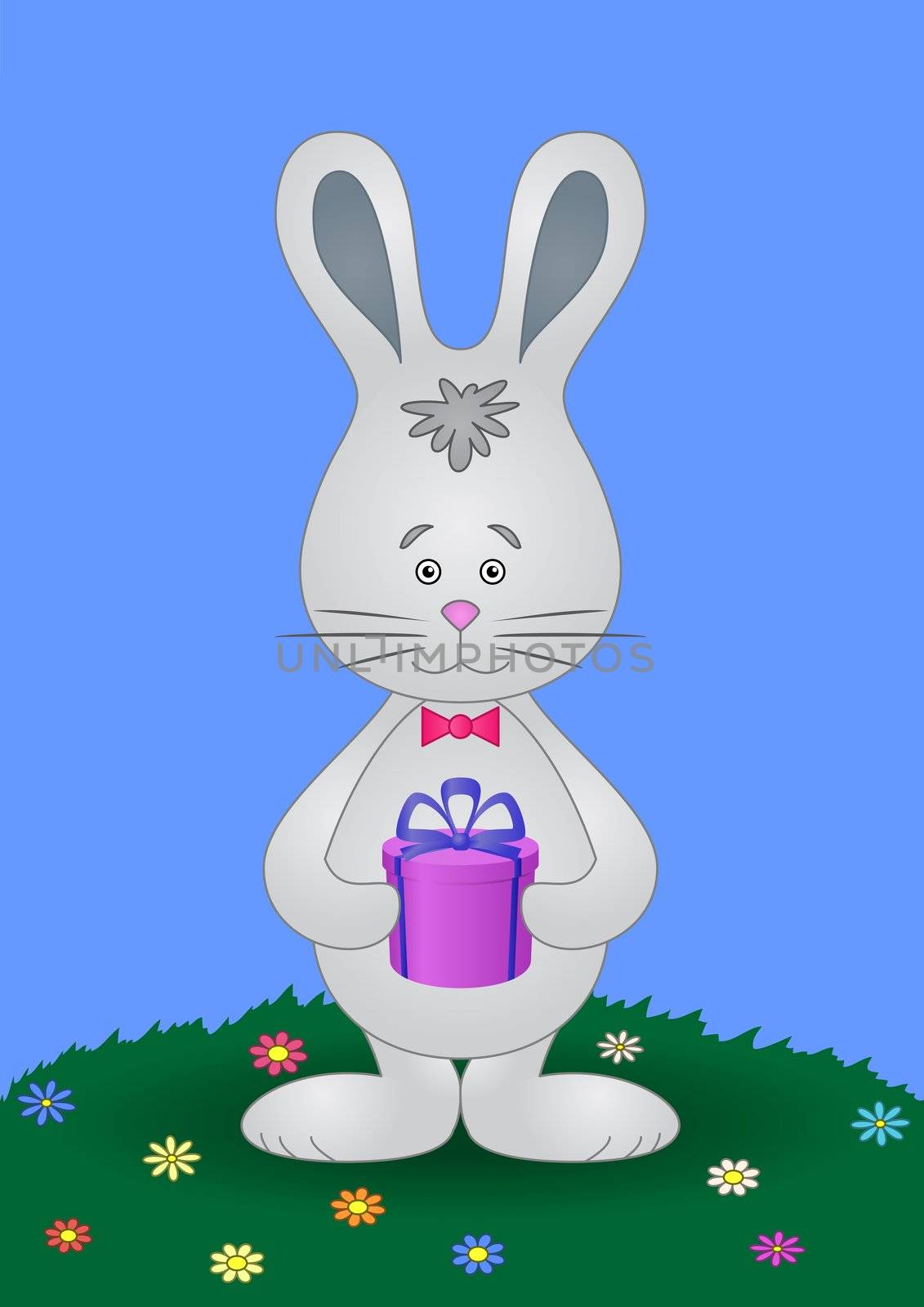 Holiday easter toy rabbit with a gift box on a flower meadow