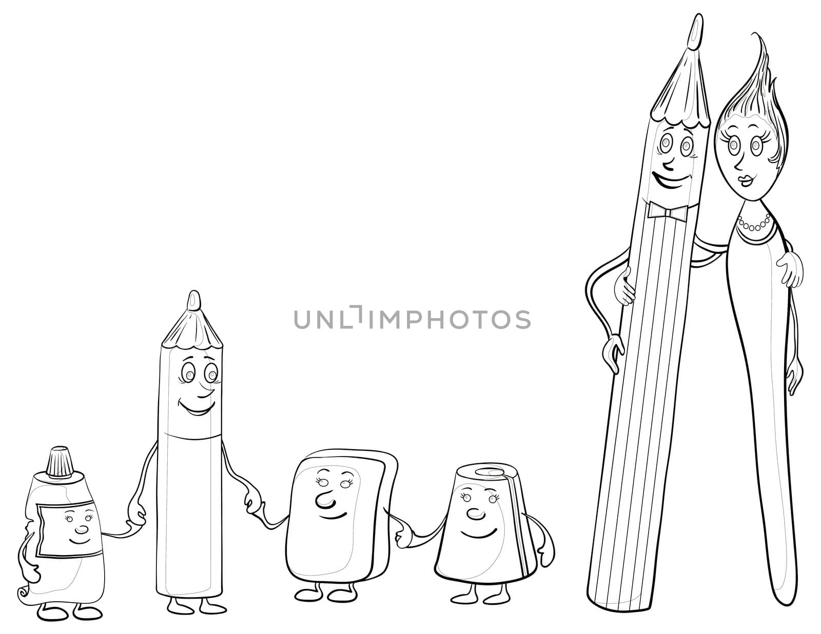 Cartoon, contours, stationery family: pencils, brush, tube, eraser and pencil sharpener