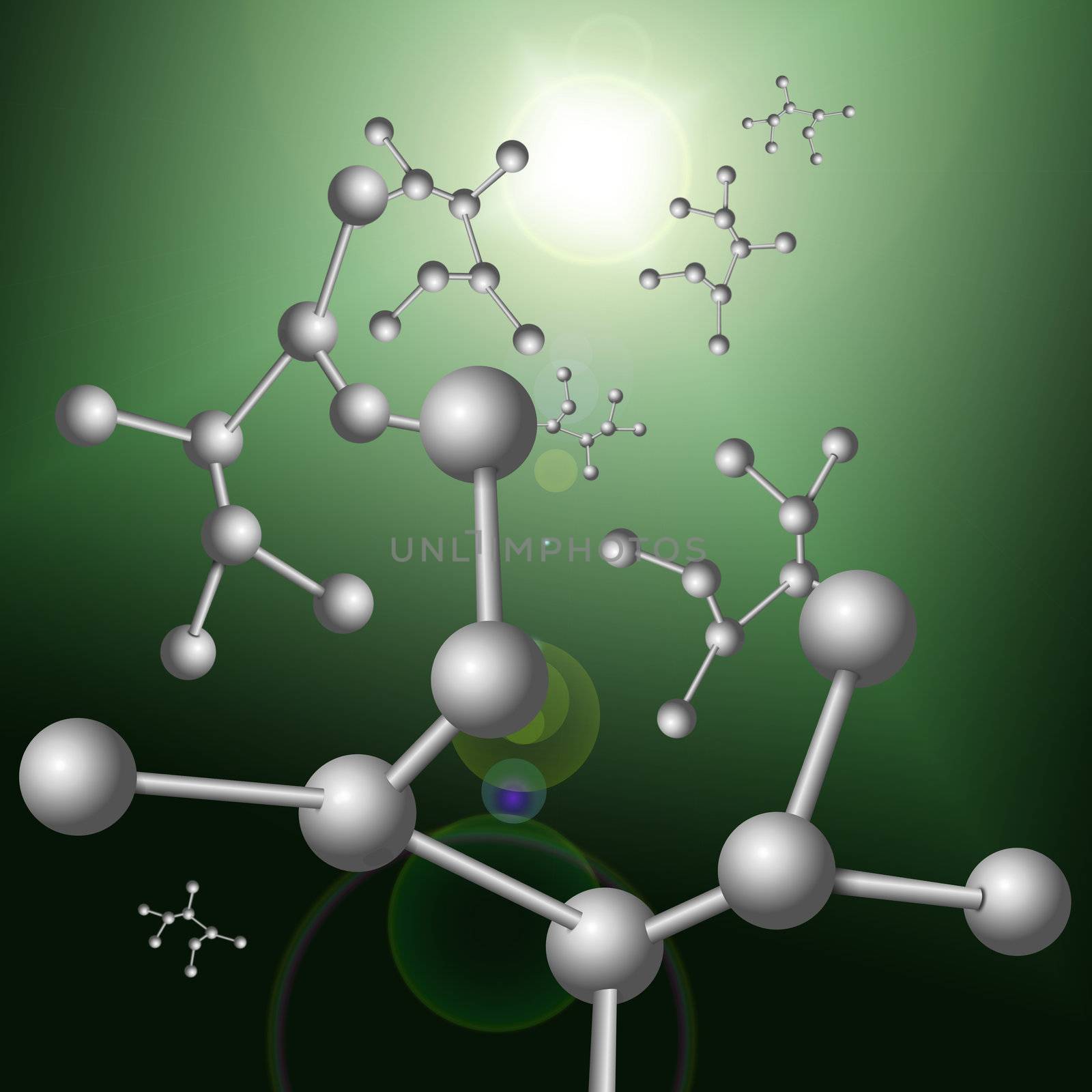 Illustration depicting molecular structure concept with green abstract background.