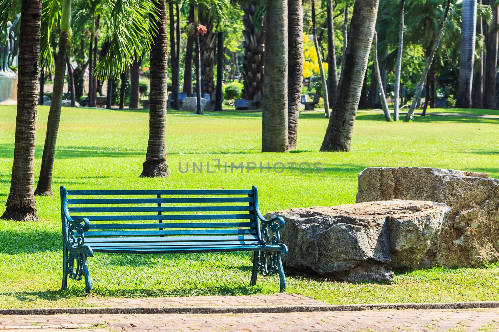 Green Bench in Palm Park Background by punpleng