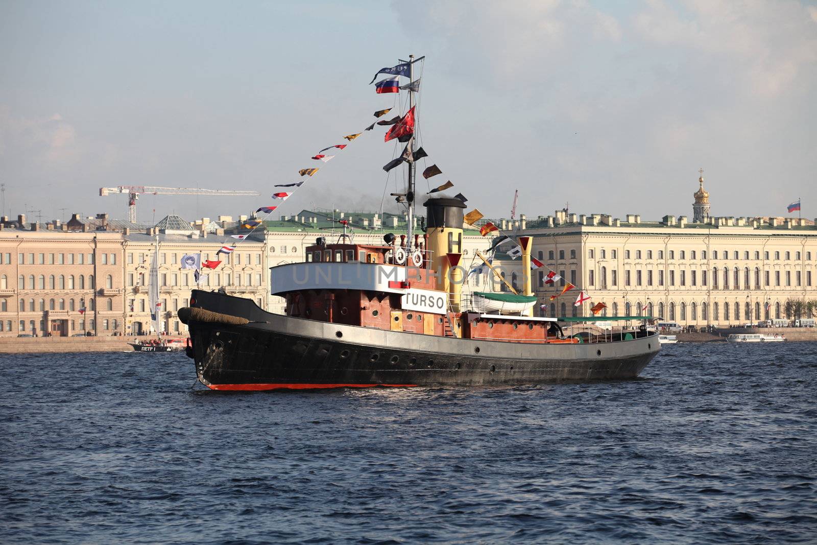 Old Finnish ship at anchor . Festival steamships in St. Petersburg.