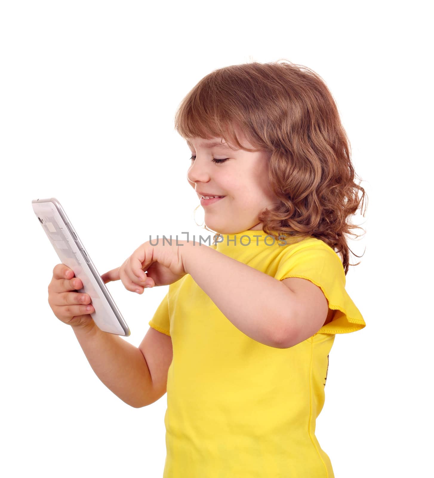 happy little girl play with tablet pc on white 