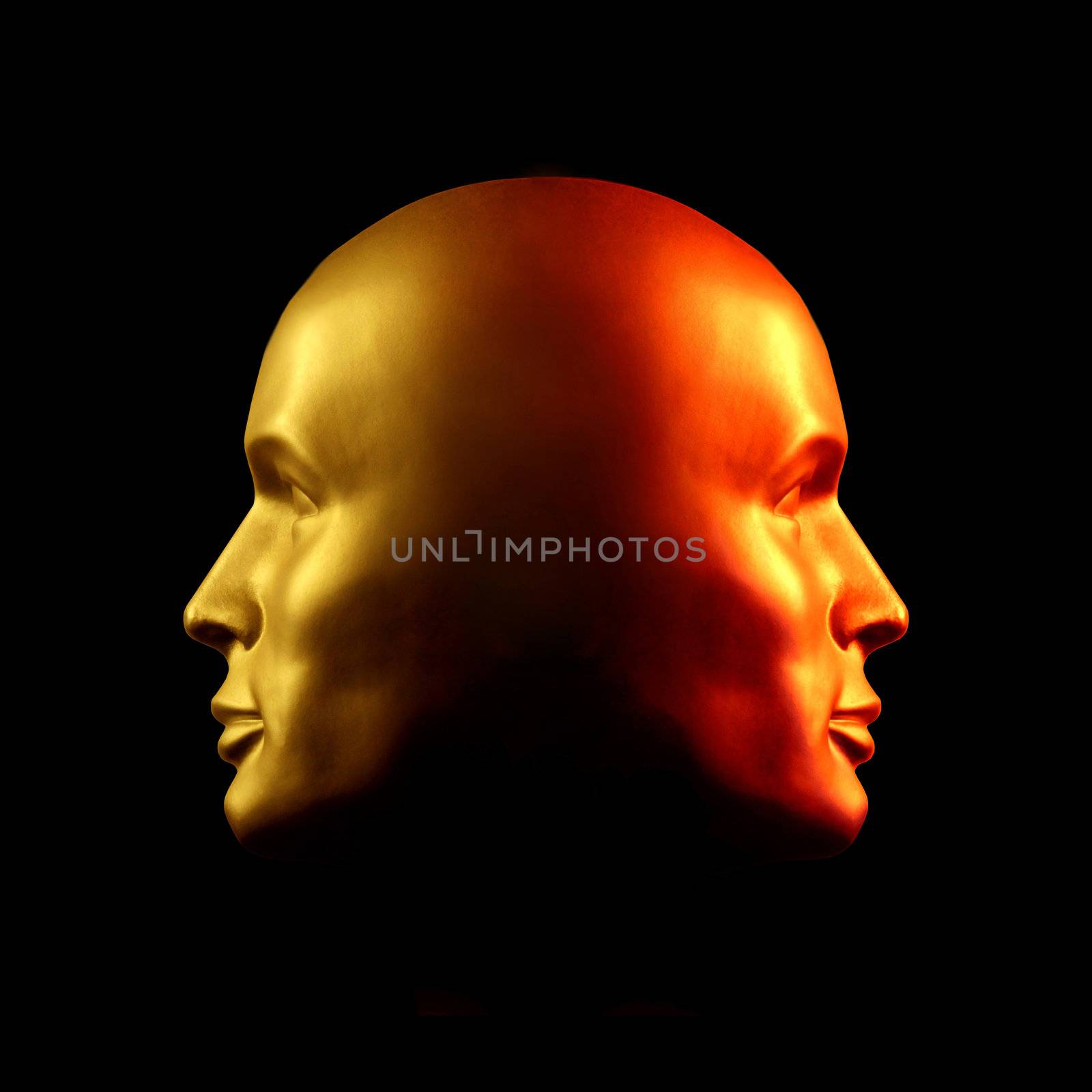 Two-faced head statue with one face gold, the other red.