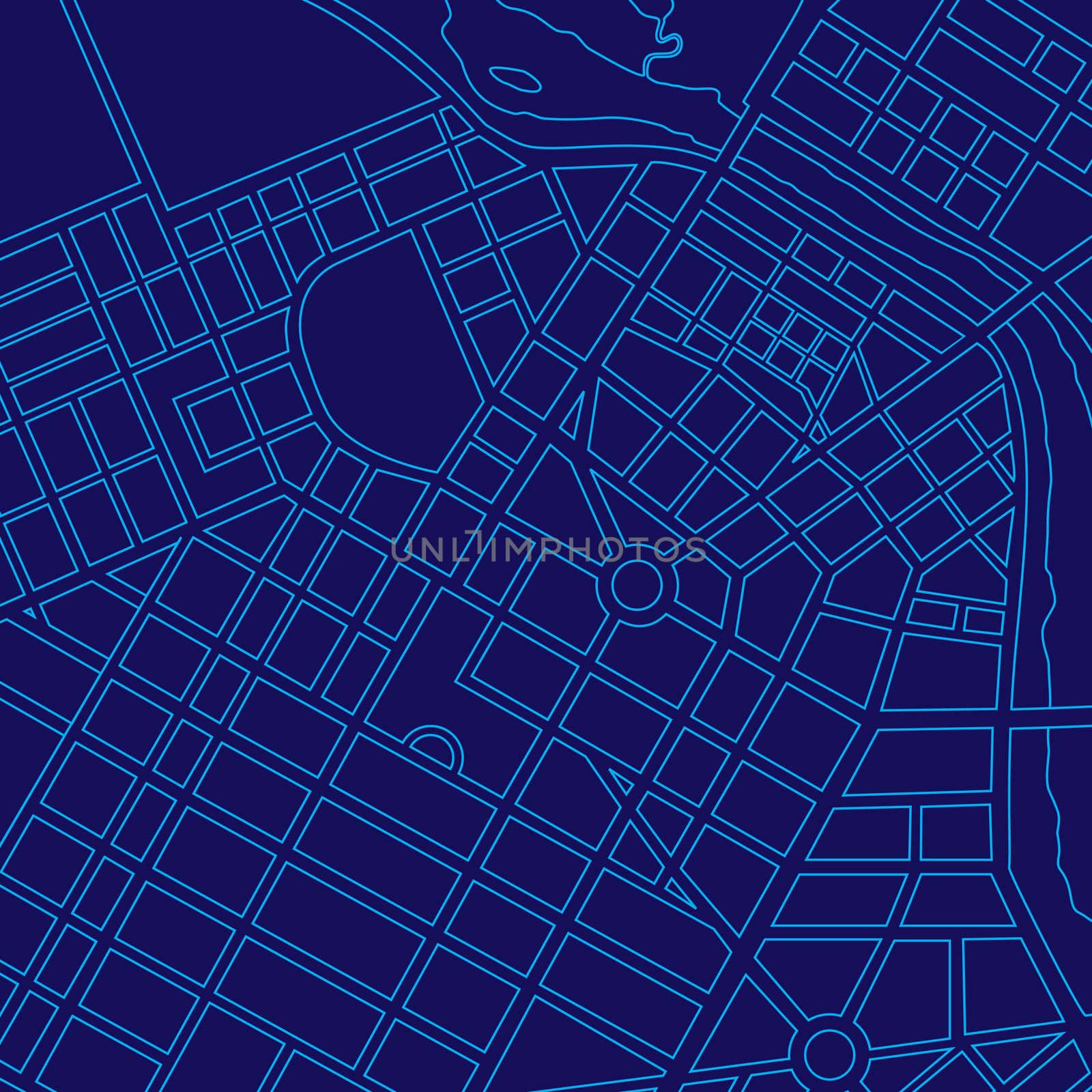 Blue digital map of a generic urban city