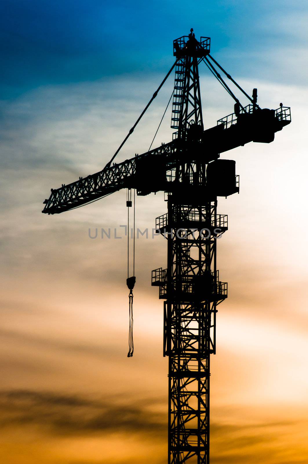 Top part of crane silhouette at the sunset time
