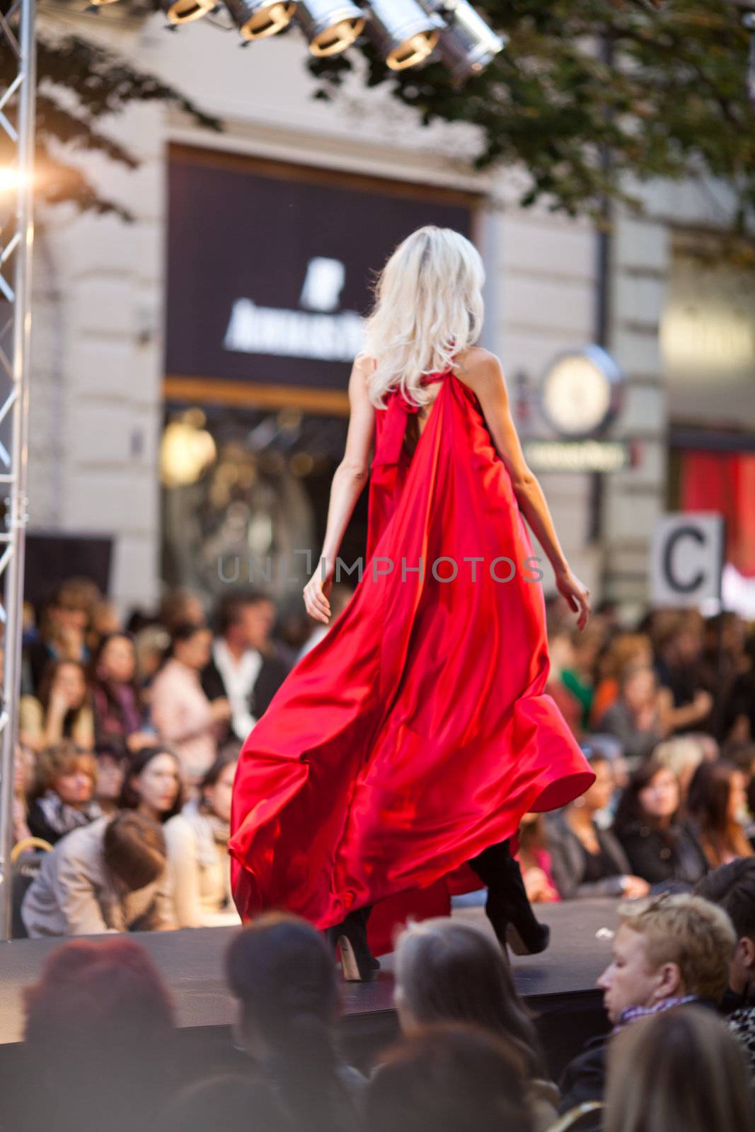 PRAGUE-SEPTEMBER 24: A model walks the runway during the 2011 autumn/winter Czech designers collection during the Prague Fashion Weekend on September 24, 2011 in Prague, Czech Republic.