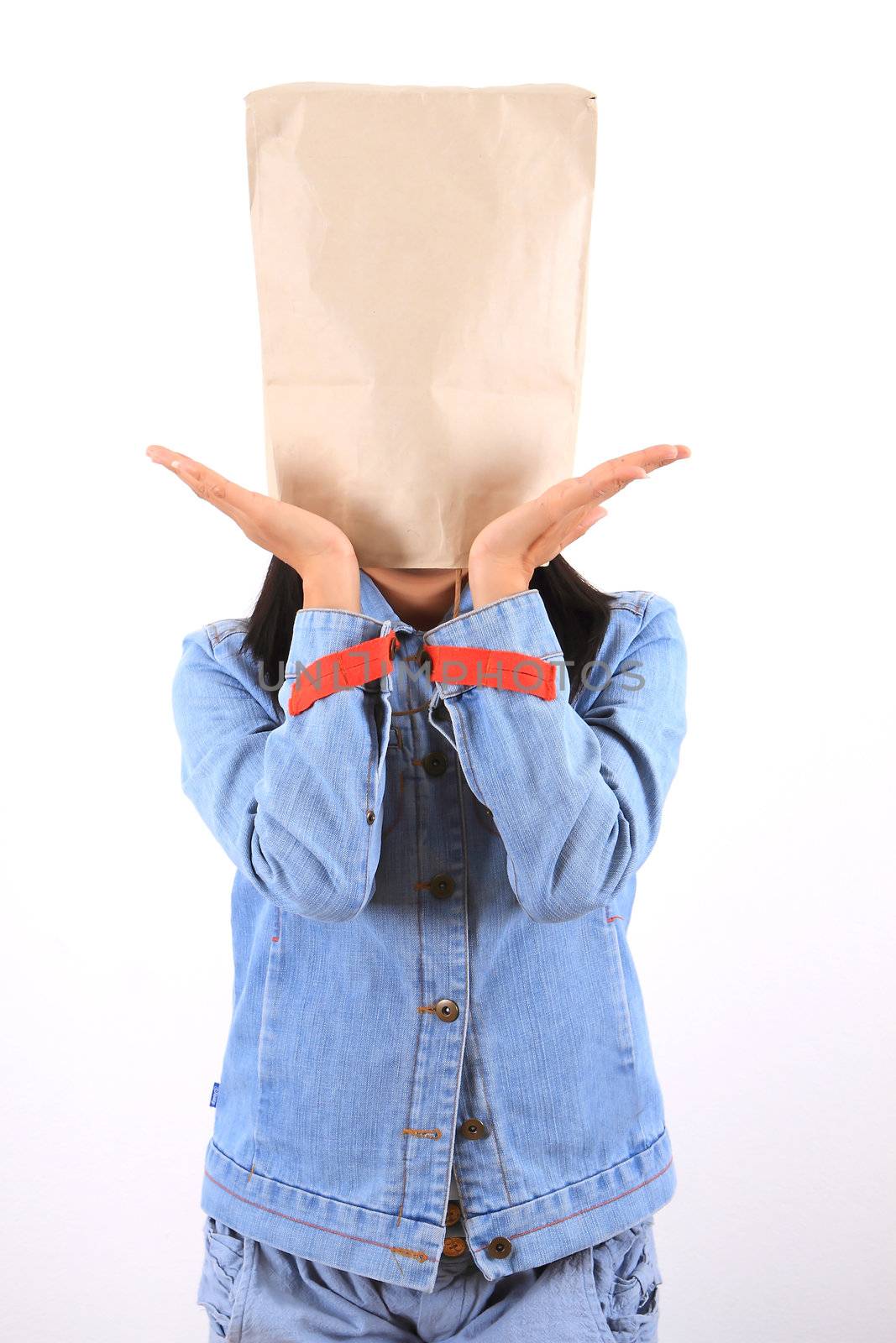 Woman with paper bag on head