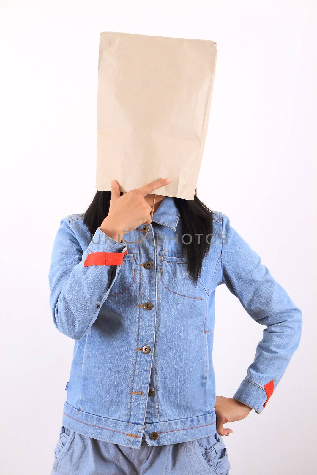 Woman with paper bag on head