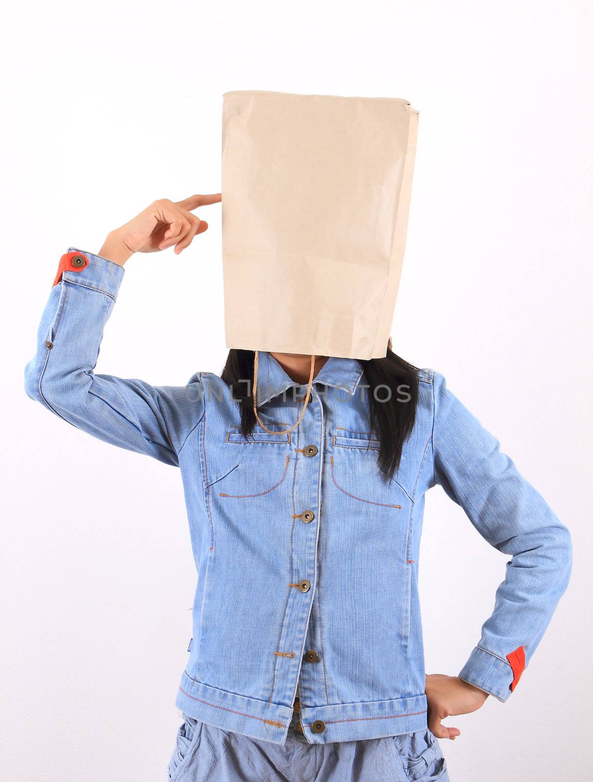 Woman with paper bag on head