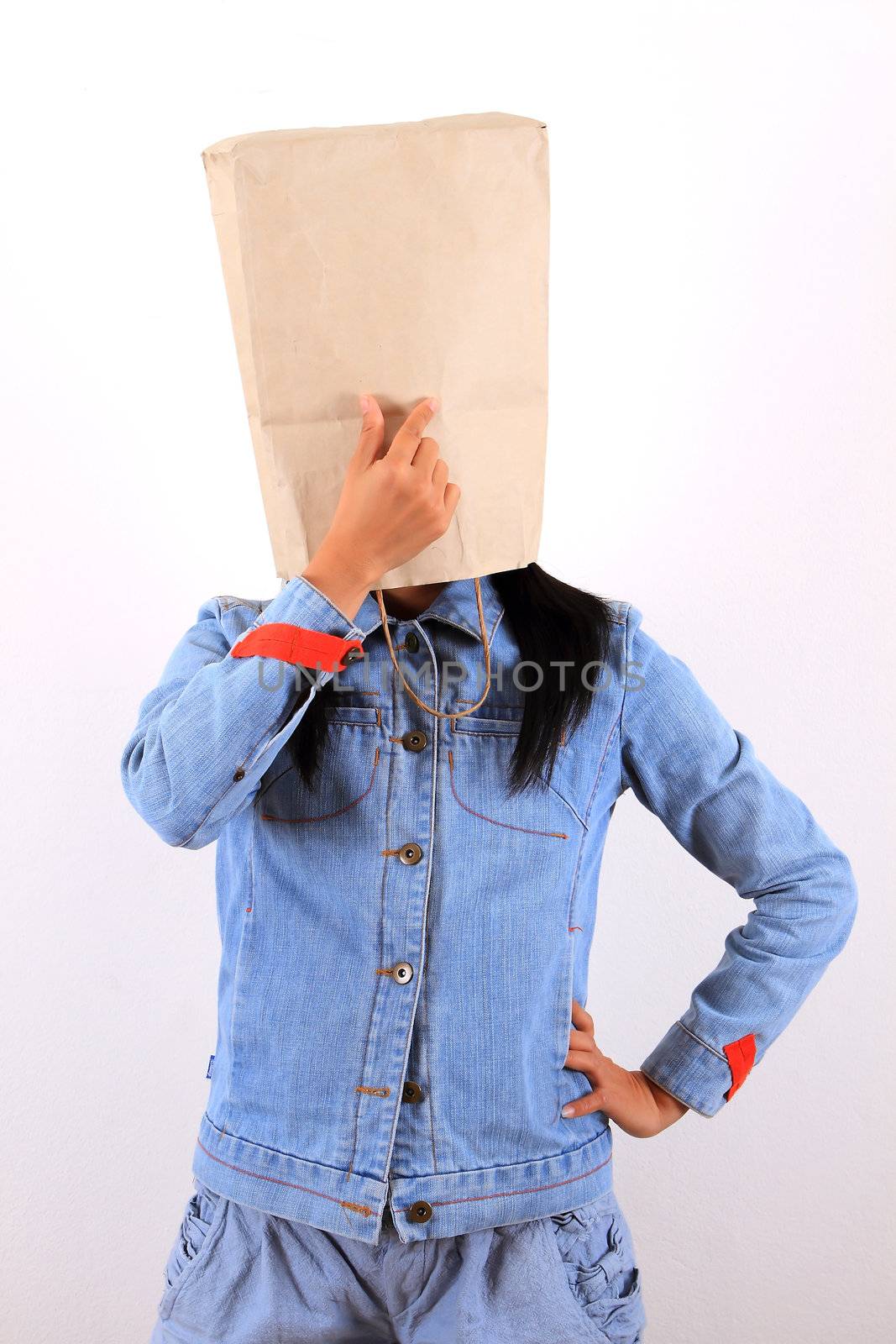 Woman with paper bag on head  by rufous