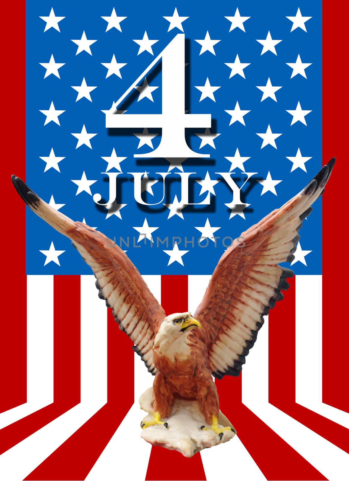 July 4 and eagle statue with American flag background 