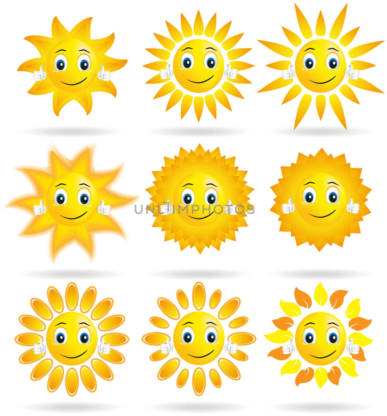 collection of suns on a white background