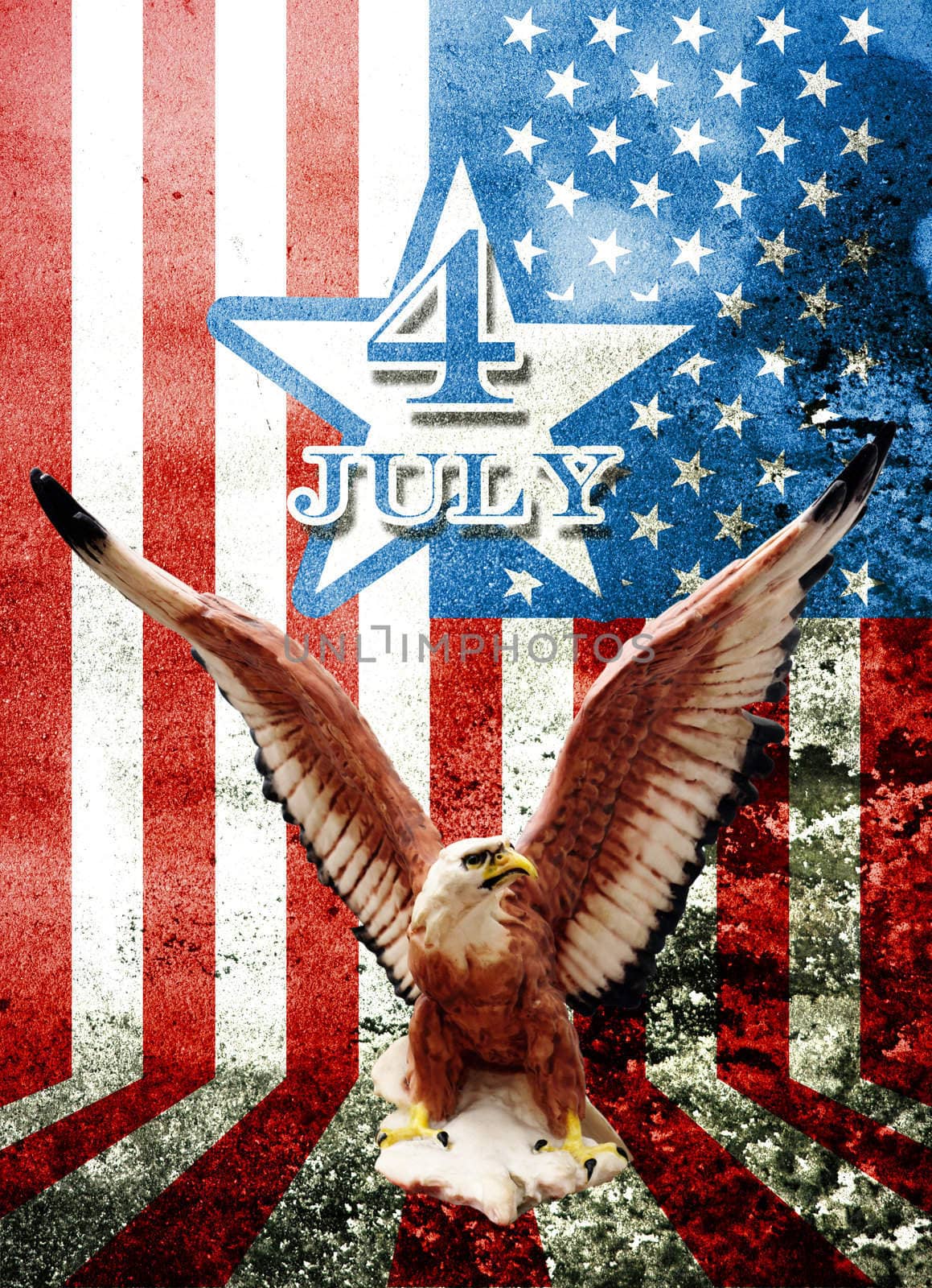 July 4 and eagle statue with American flag background in Grunge style