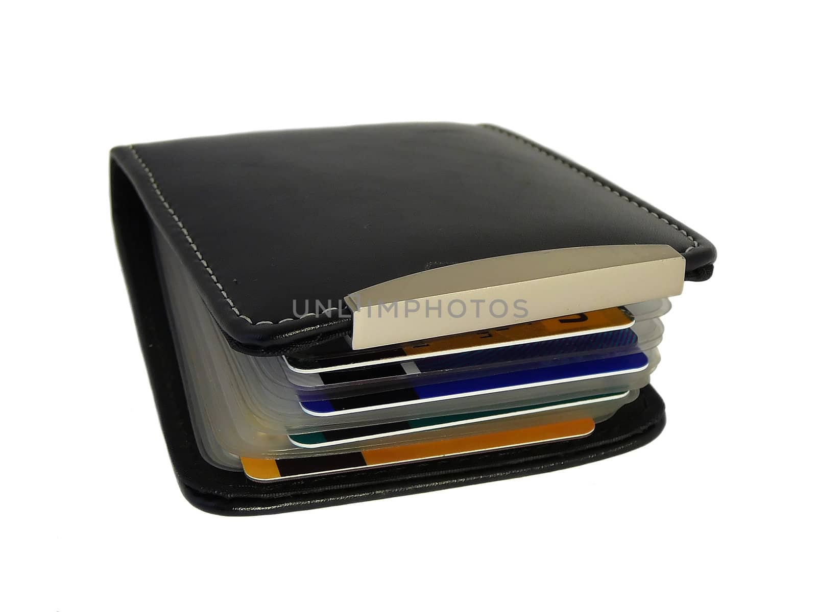Leather business card case with card isolated over white background