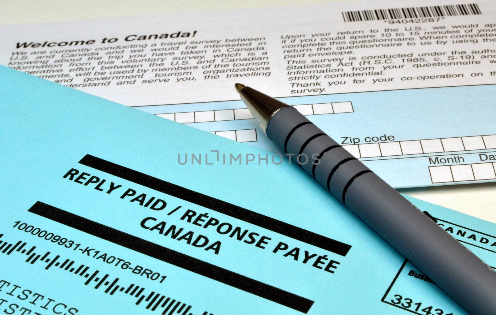 Reply paid envelope and Canadian survey form