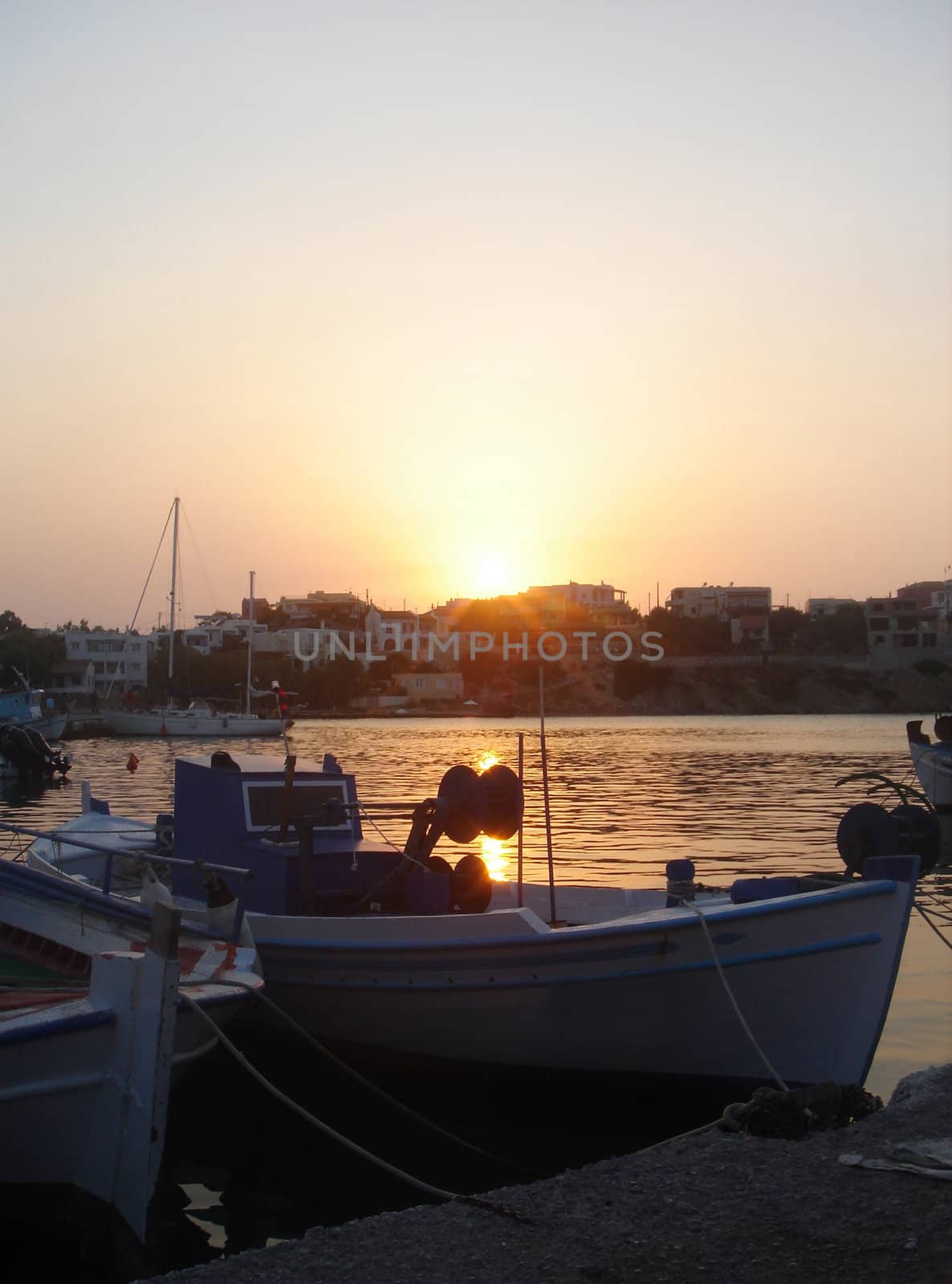 Sunset in Souvala port of Aegina island                              