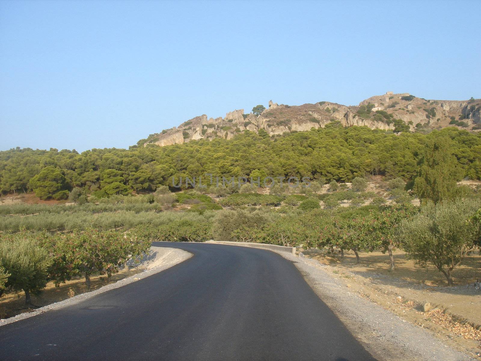 Turning road near mounting in Aegina island                               