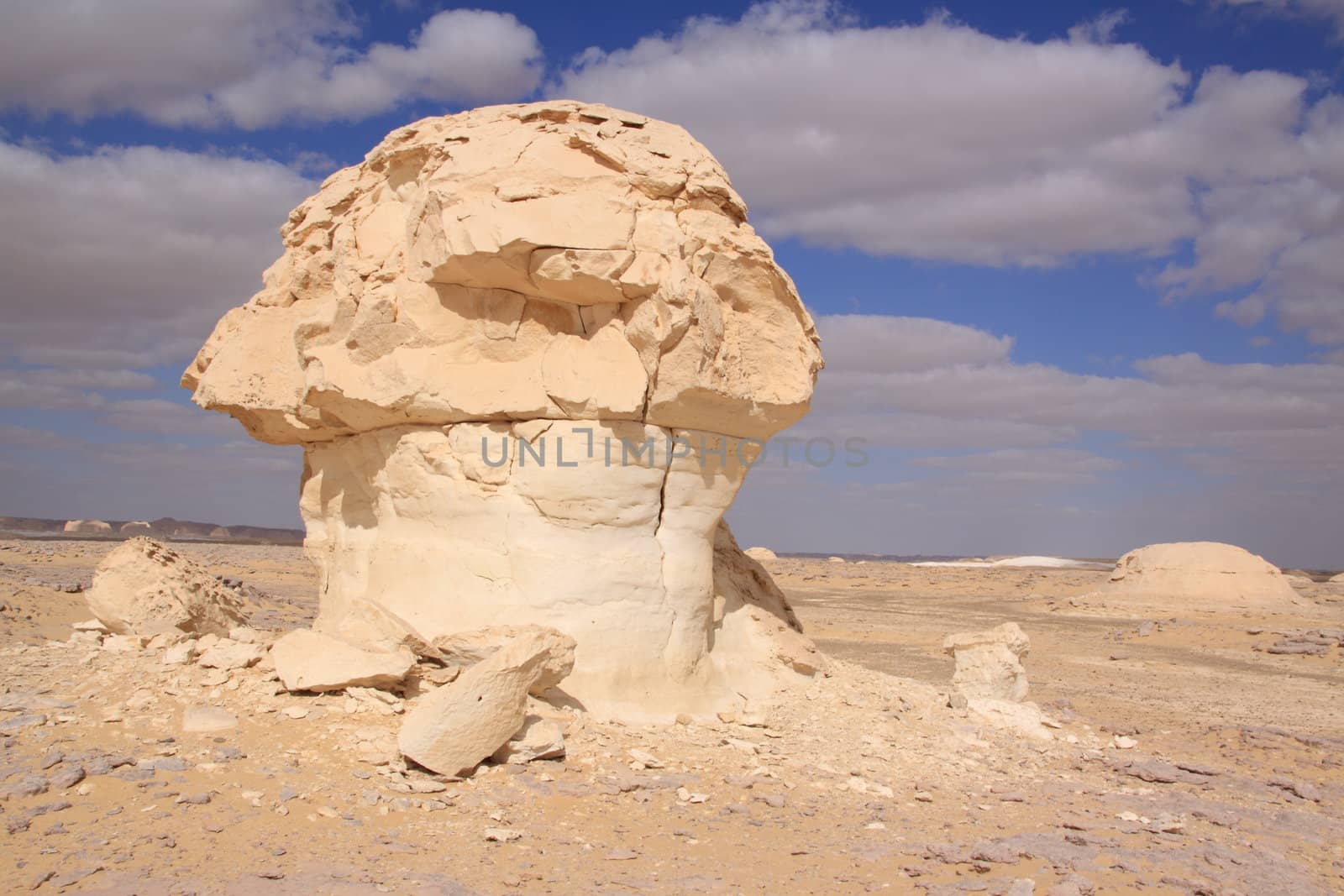 Wind and sand modeled rock sculptures in white desert