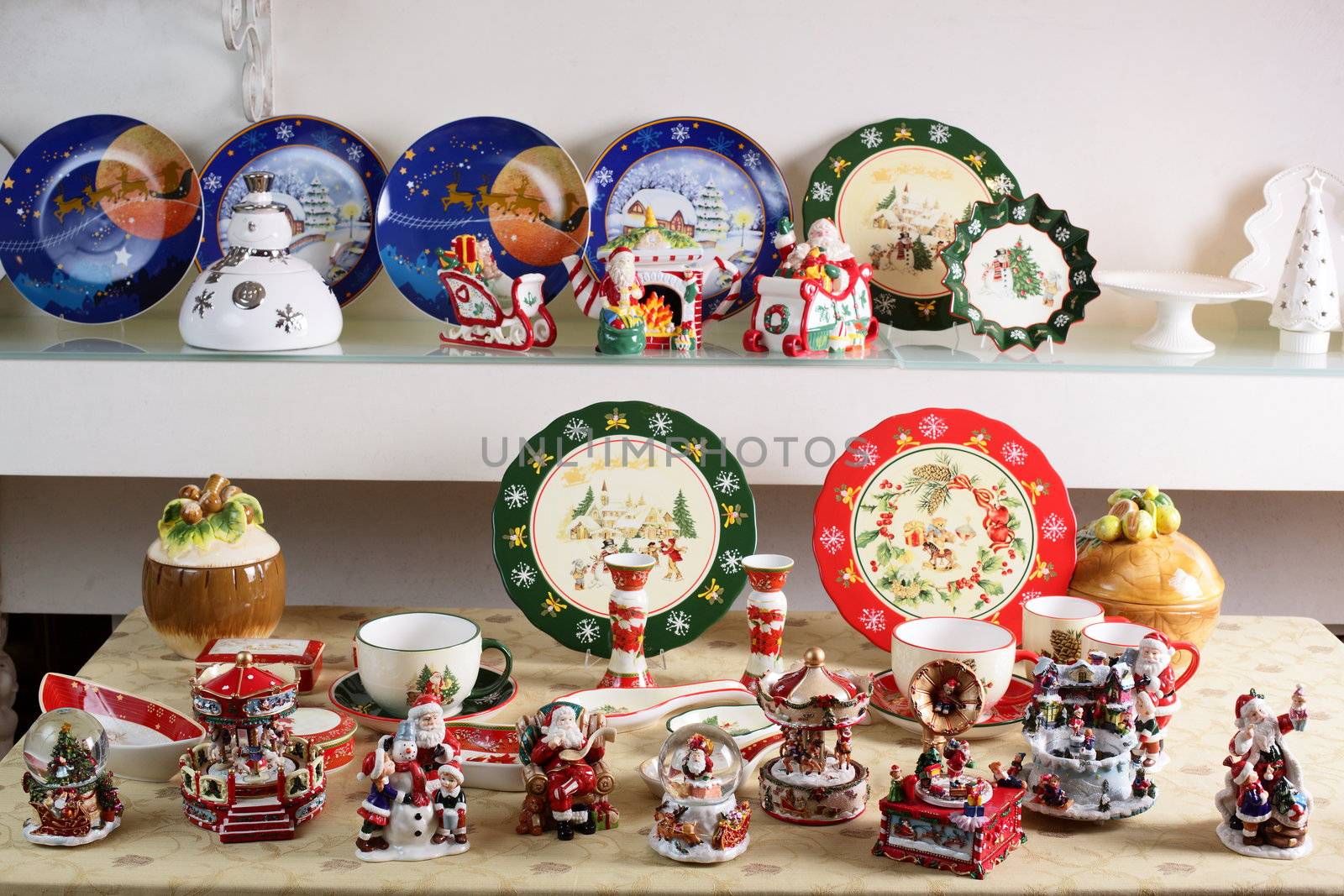 Shelf with different brand new hollyday dishes